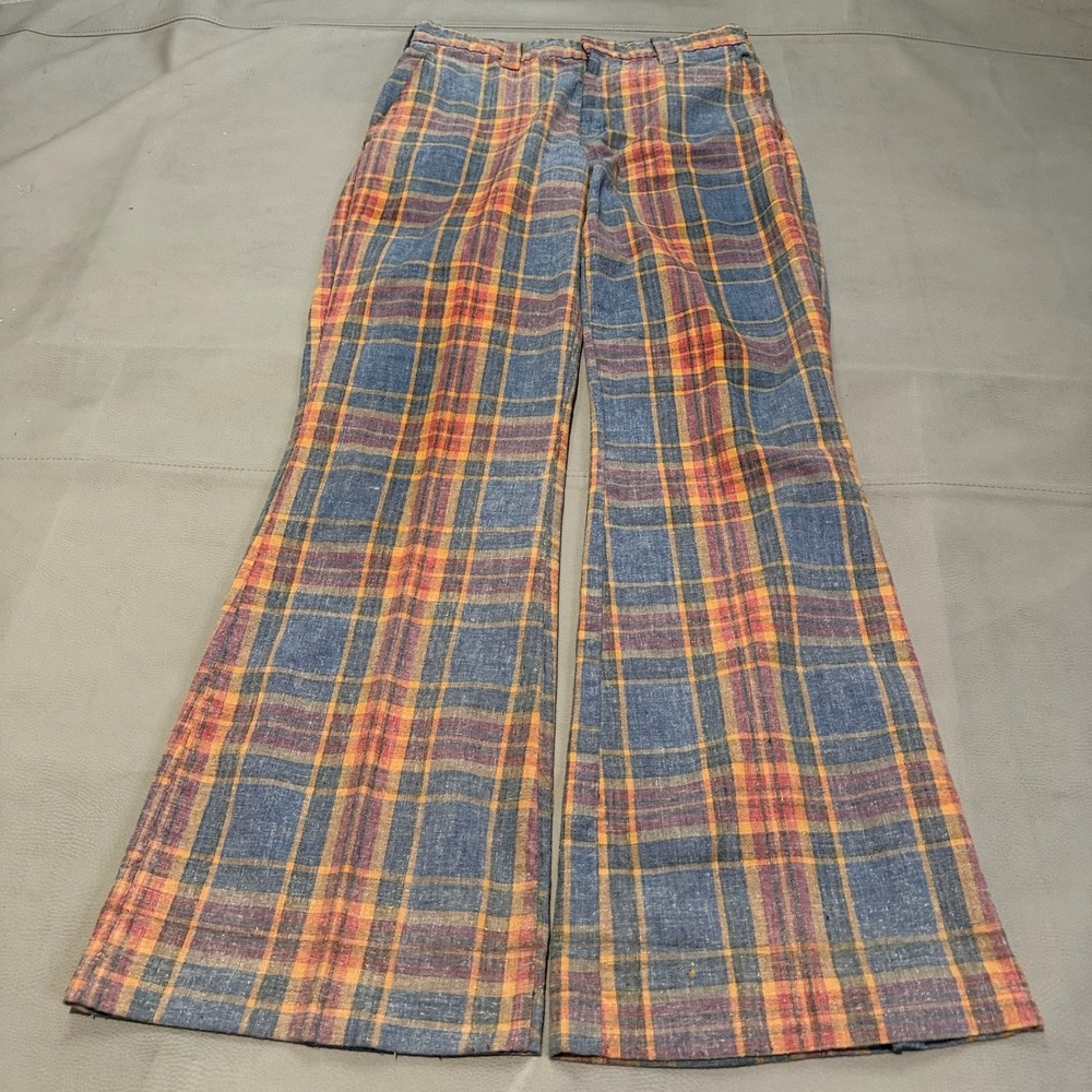 True VTG 60/70 Plaid Flare Bell Bottom Pant Men Orange Check Falcon Trouser-6607